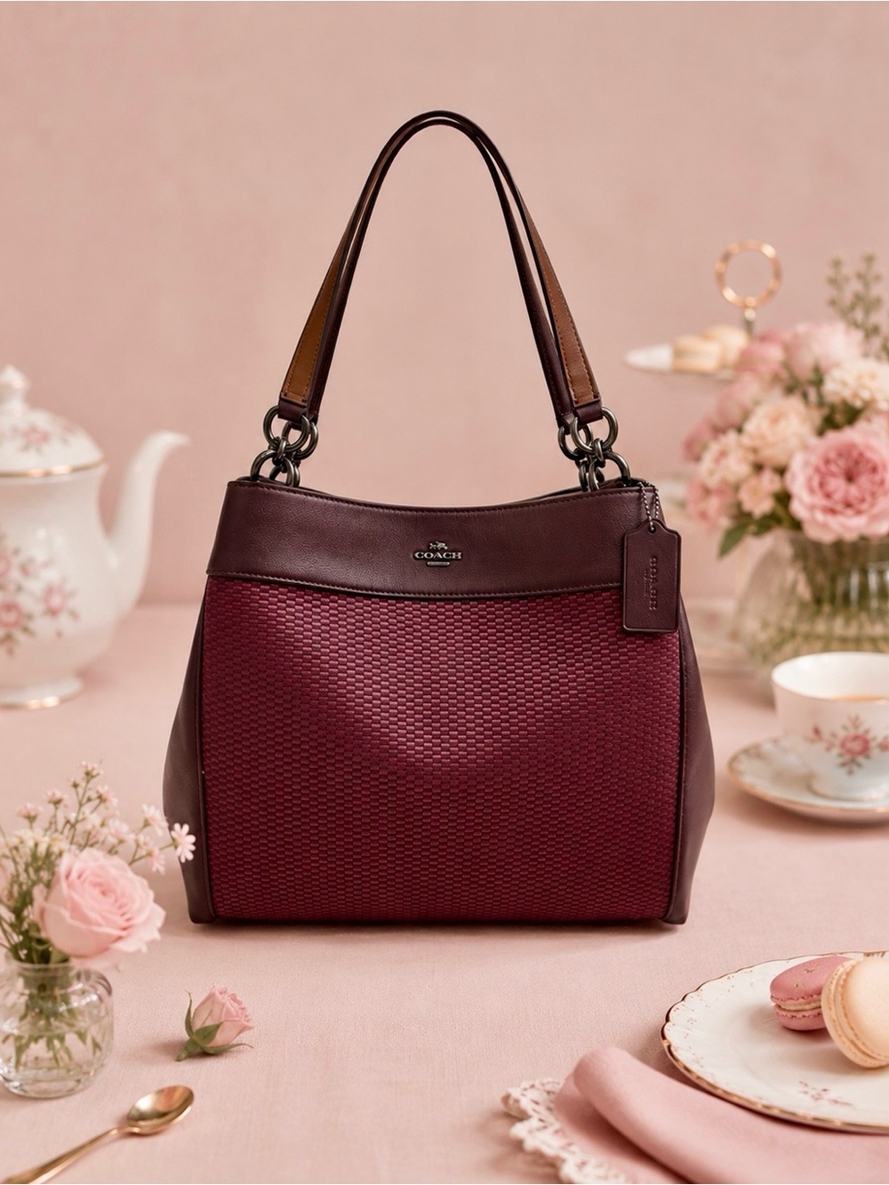 COACH Legacy Lexy Oxblood Jacquard Shoulder Bag with Gunmetal Hardware